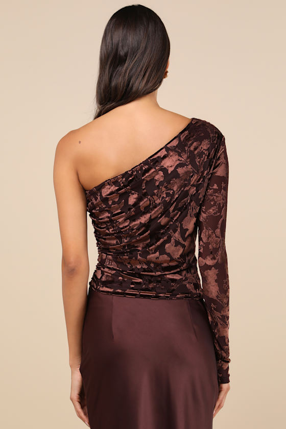 Lulus Chic Sense Dark Brown Burnout Velvet One-shoulder Top In Brown