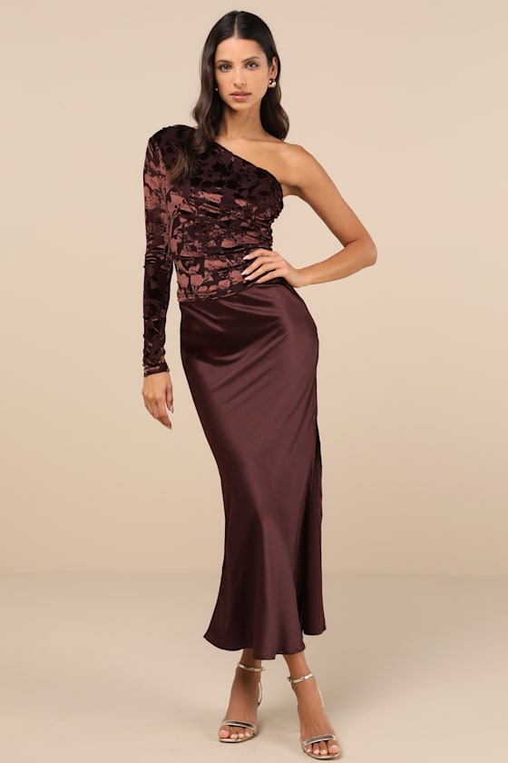 Lulus Chic Sense Dark Brown Burnout Velvet One-shoulder Top In Brown