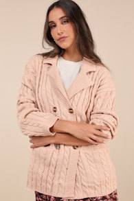 Majorly Comfy Beige Cable Knit Double Breasted Cardigan Sweater 1