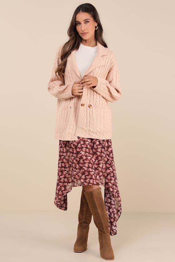Lulus Majorly Comfy Beige Cable Knit Double Breasted Cardigan Sweater In Beige