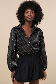 Poised Glam Black Sheer Rhinestone Button-Up Top 2