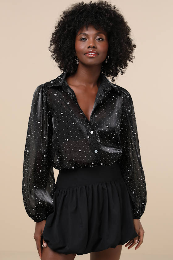Poised Glam Black Sheer Rhinestone Button-Up Top 2