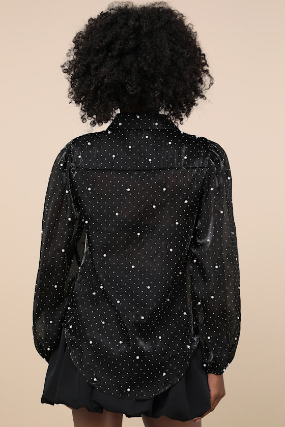Lulus Poised Glam Black Sheer Rhinestone Button-up Top In Black