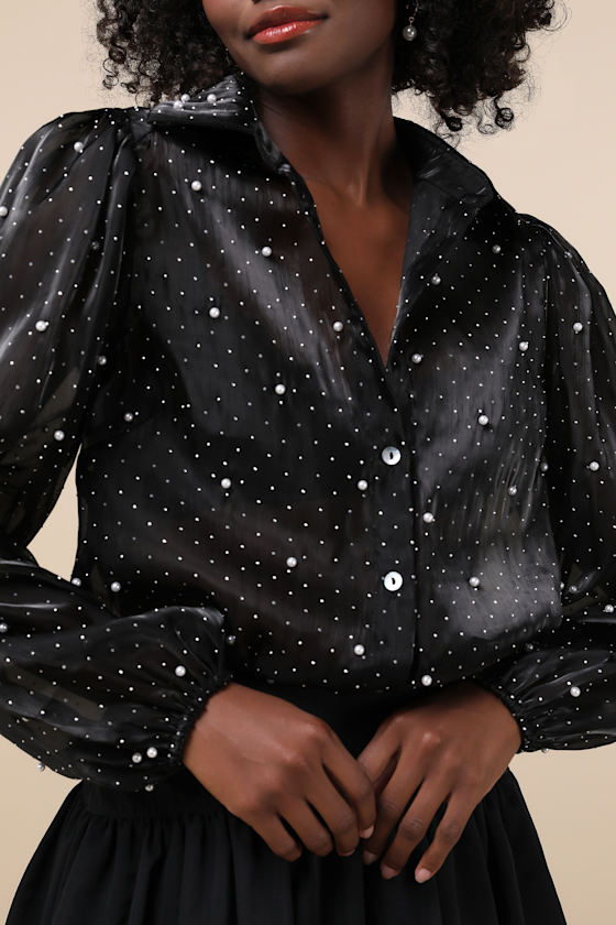 Lulus Poised Glam Black Sheer Rhinestone Button-up Top In Black