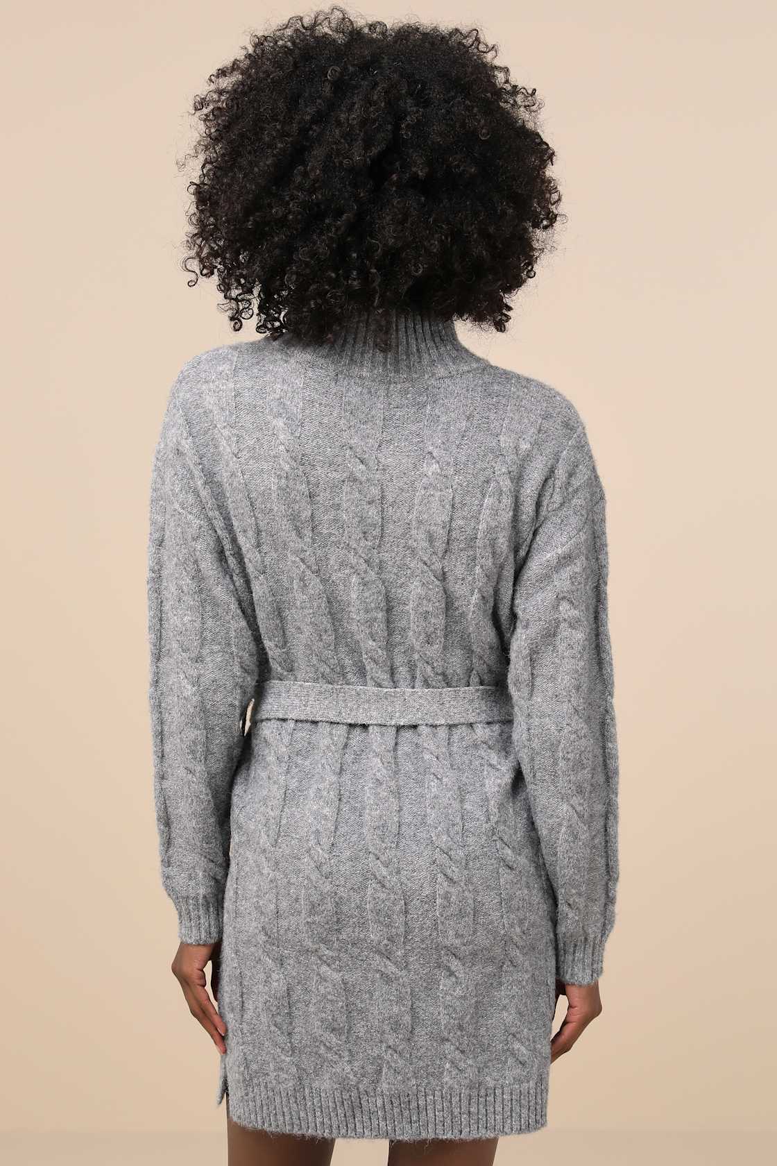 Warmed Up To You Heather Grey Cable Knit Mock Neck Sweater Dress