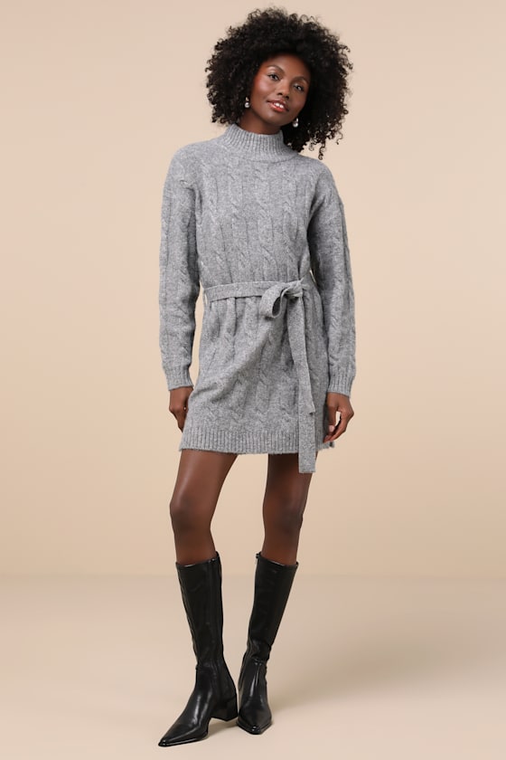 Warmed Up To You Heather Grey Cable Knit Mock Neck Sweater Dress 2