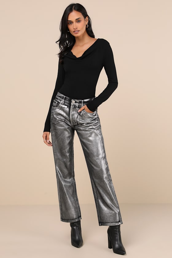 Trendiest Shine Black Metallic Coated Straight Leg Jeans 4