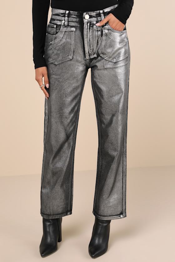 Glamorous Ladies Jeans - Black Metallic Coated Jeans - Jeans