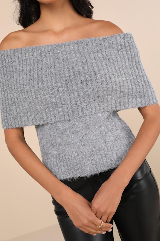 Glamorous Off Shoulder Rib Knit Sweater In Charcoal - Part Of A Set-gray In Grey