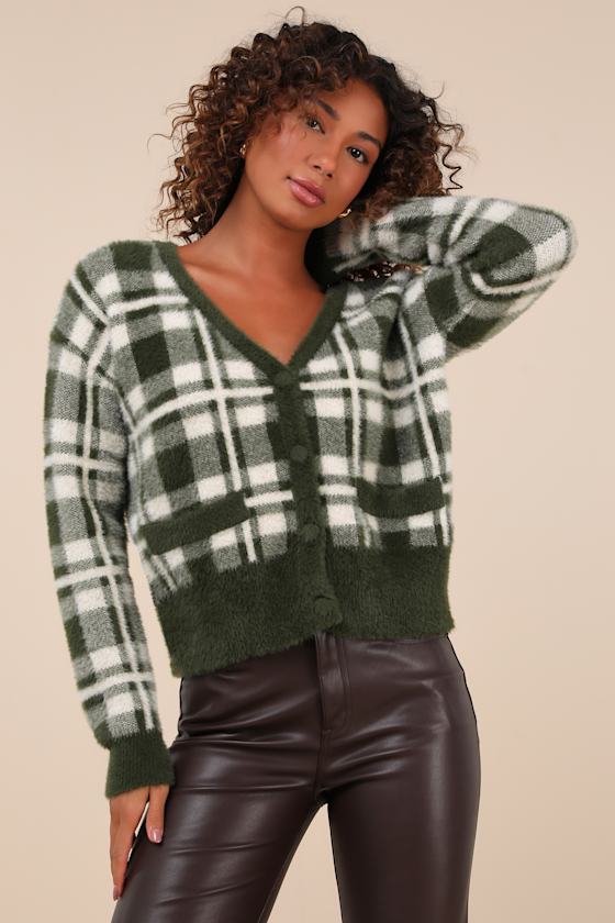 Lulus Coziest Dream Dark Green And Ivory Plaid Eyelash Knit Cardigan In Dark Green