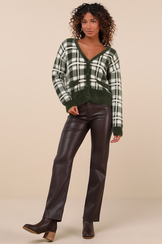 Lulus Coziest Dream Dark Green And Ivory Plaid Eyelash Knit Cardigan In Dark Green