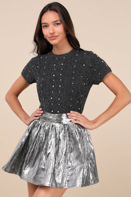 Celebrated Shine Silver Metallic Mini Skirt 6