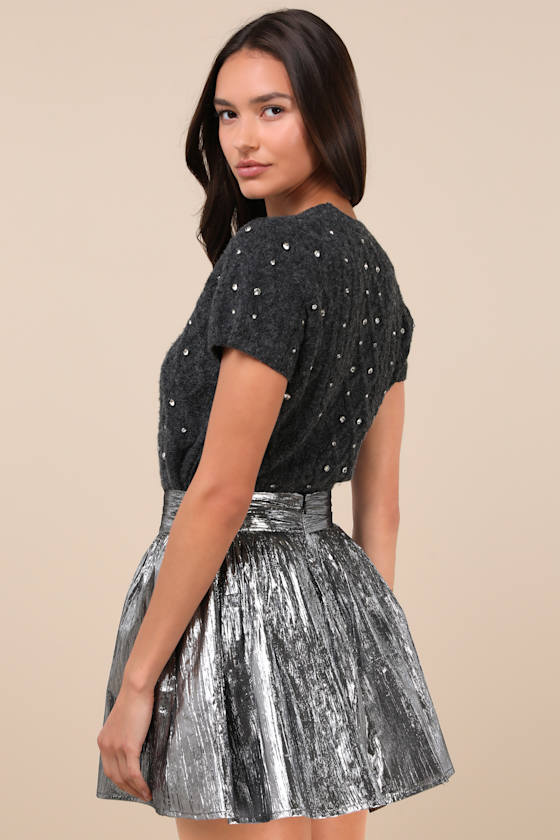 Silver Metallic Skirt - Crinkled Mini Skirt - Mini Skater