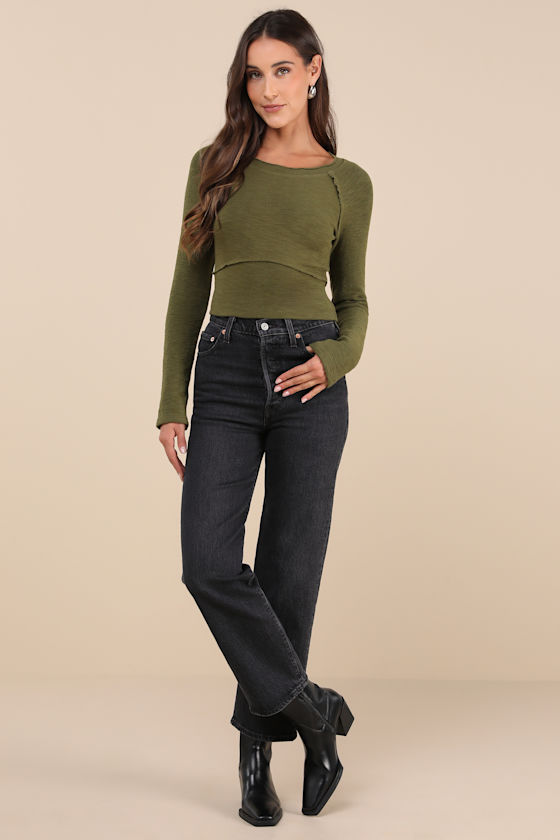 Lulus Easy Energy Olive Green Knit Raglan Sleeve Crop Top In Olive Green