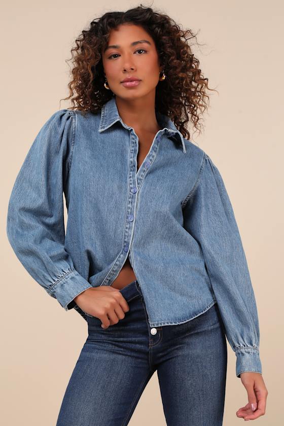 Medium Wash Denim Top - Denim Button-Up Top - Button-Up Top