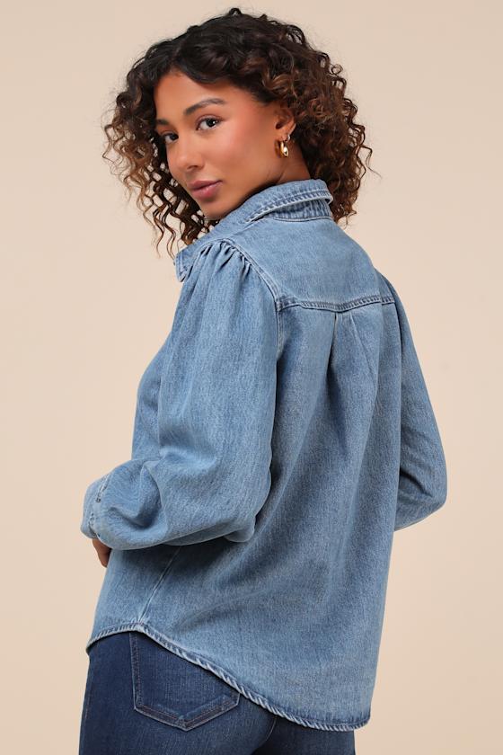 Lulus Notoriously Chic Medium Wash Denim Button-up Top In Blue