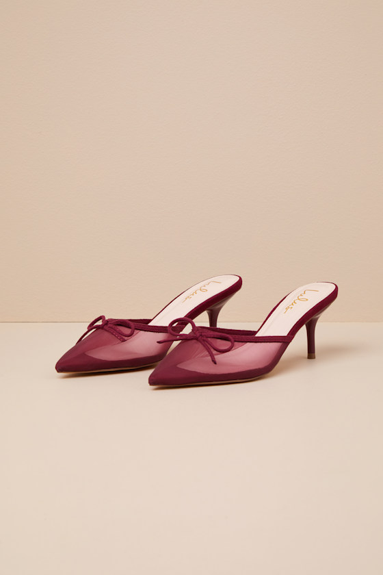 LULUS CHERALYNN BURGUNDY MESH BOW POINTED-TOE MULE PUMPS