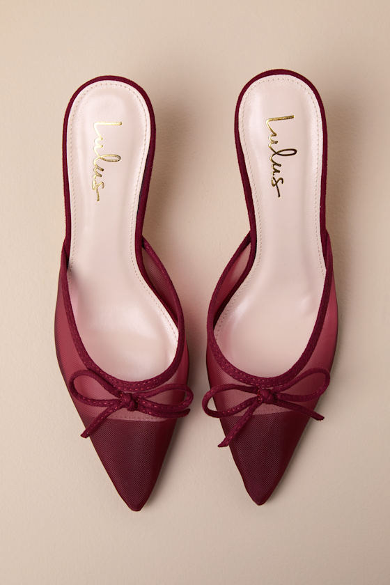 LULUS CHERALYNN BURGUNDY MESH BOW POINTED-TOE MULE PUMPS