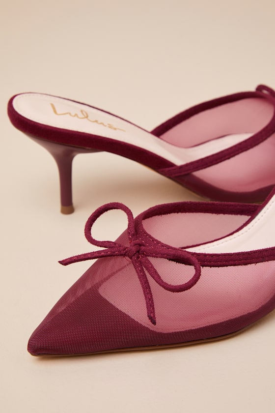LULUS CHERALYNN BURGUNDY MESH BOW POINTED-TOE MULE PUMPS