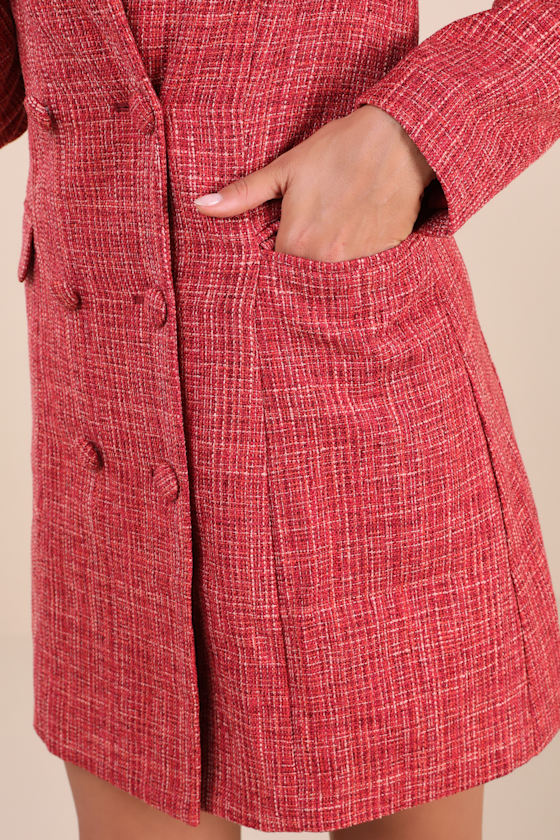 Lulus Deluxe Desire Red Tweed Long Sleeve Blazer Mini Dress In Red