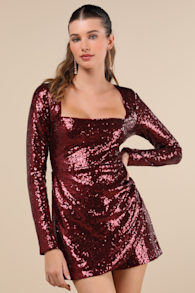 Marvelously Dazzling Burgundy Sequin Long Sleeve Skort Romper 1
