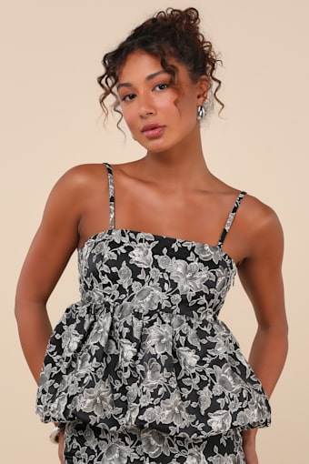 Bodi Black Floral Jacquard Peplum Top 1