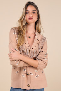 Playful Coziness Tan Bandana Print Fringe Button-Up Cardigan 2