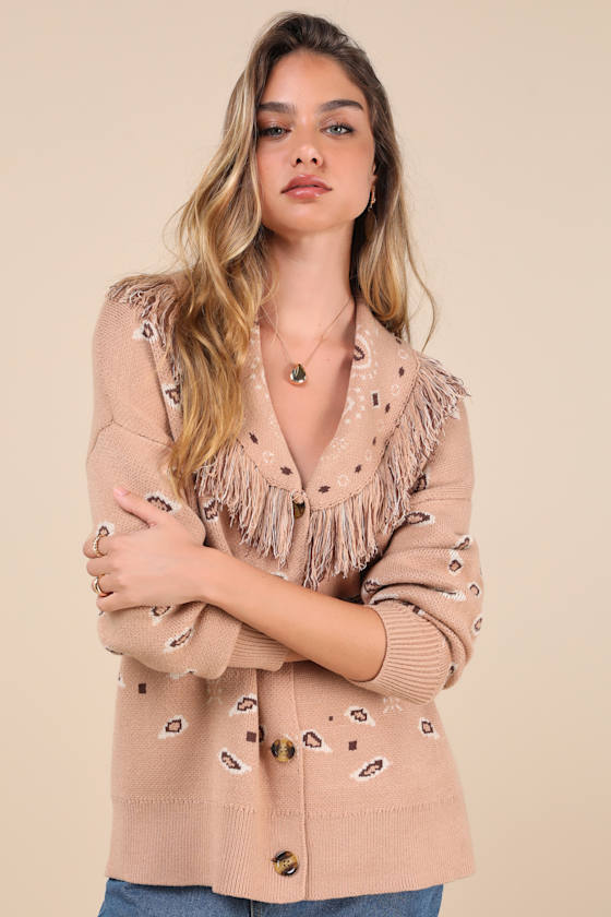 Playful Coziness Tan Bandana Print Fringe Button-Up Cardigan 2