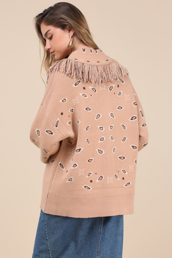 Playful Coziness Tan Bandana Print Fringe Button-Up Cardigan 3