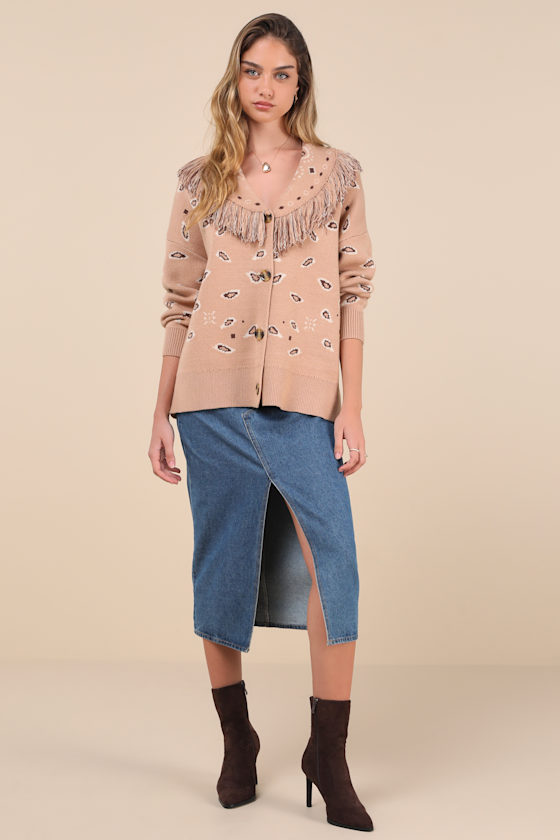 LULUS PLAYFUL COZINESS TAN BANDANA PRINT FRINGE BUTTON-UP CARDIGAN
