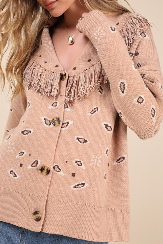 LULUS PLAYFUL COZINESS TAN BANDANA PRINT FRINGE BUTTON-UP CARDIGAN