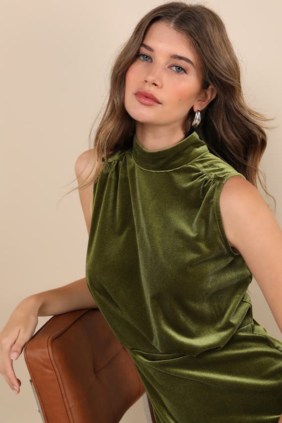 Lulus Gorgeous Darling Olive Velvet Sleeveless Mock Neck Mini Dress In Green