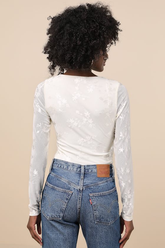 LULUS CHICLY MESMERIZING IVORY MESH BURNOUT LONG SLEEVE BODYSUIT