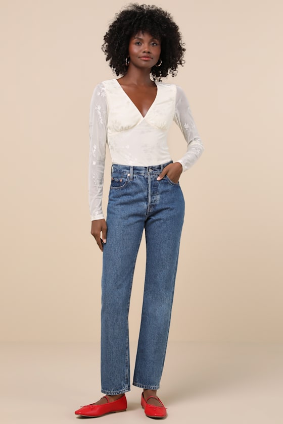 LULUS CHICLY MESMERIZING IVORY MESH BURNOUT LONG SLEEVE BODYSUIT