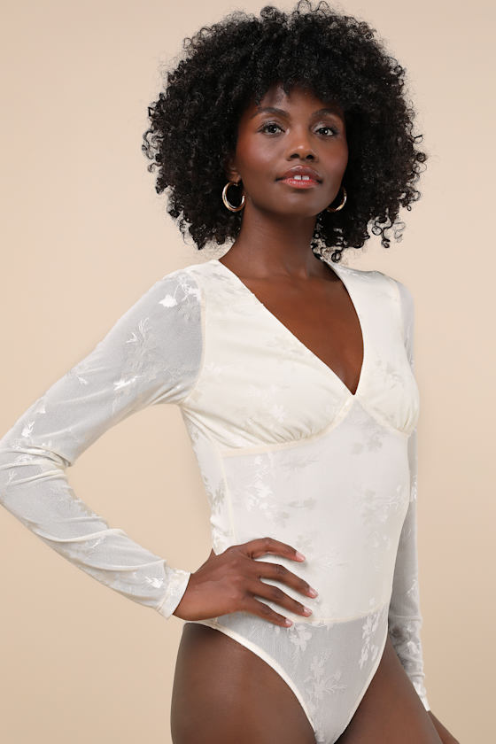 LULUS CHICLY MESMERIZING IVORY MESH BURNOUT LONG SLEEVE BODYSUIT