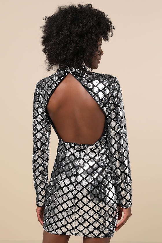 Lulus Radiant Mood Silver And Black Velvet Sequin Backless Mini Dress In Silver And Black