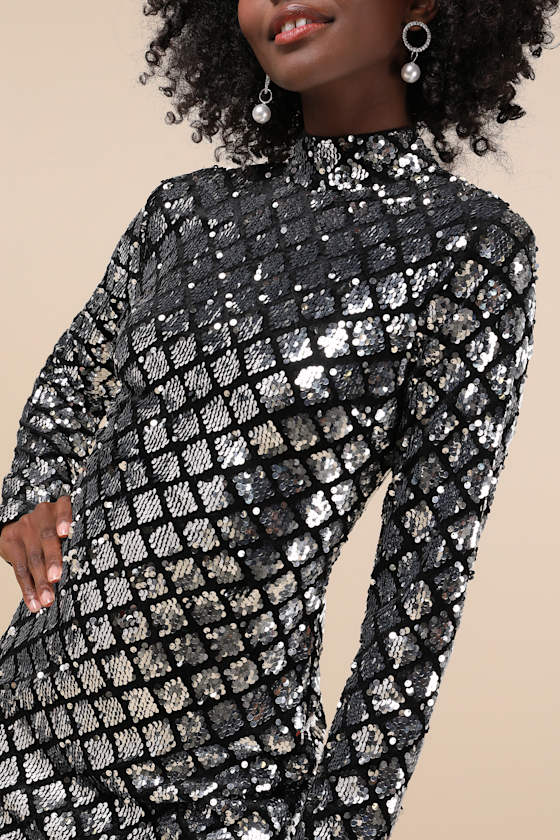 Lulus Radiant Mood Silver And Black Velvet Sequin Backless Mini Dress In Silver And Black