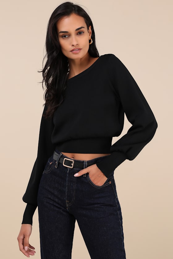 Perfect Coziness Black Long Sleeve Cropped Sweater Top 1