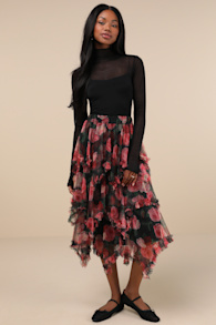 Dreamy Charisma Black Floral Mesh Tiered Handkerchief Midi Skirt 2