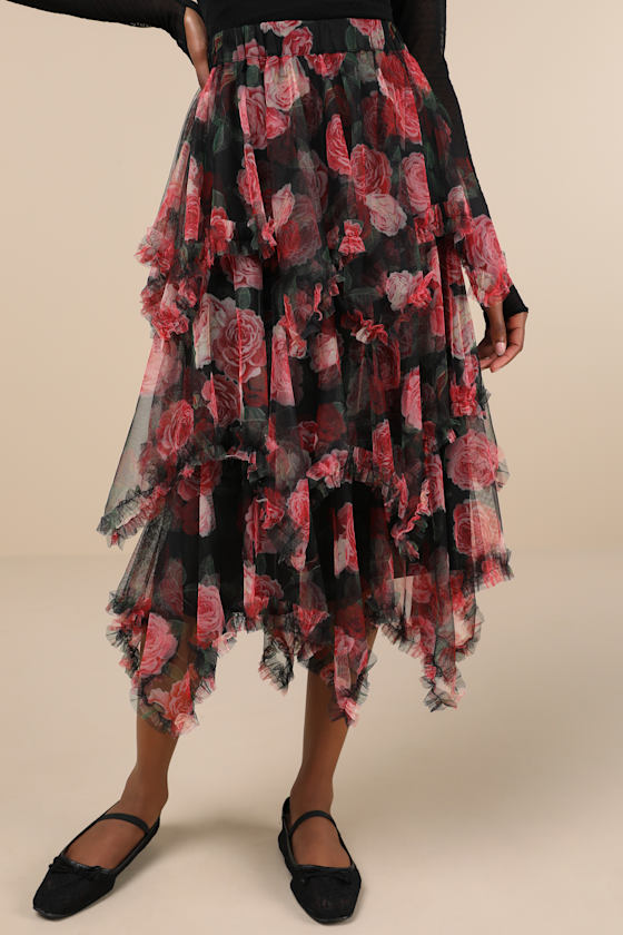 Dreamy Charisma Black Floral Mesh Tiered Handkerchief Midi Skirt 4