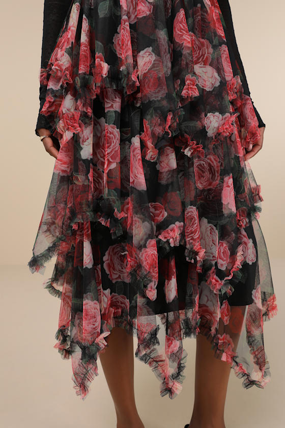 Lulus Dreamy Charisma Black Floral Mesh Tiered Handkerchief Midi Skirt In Black