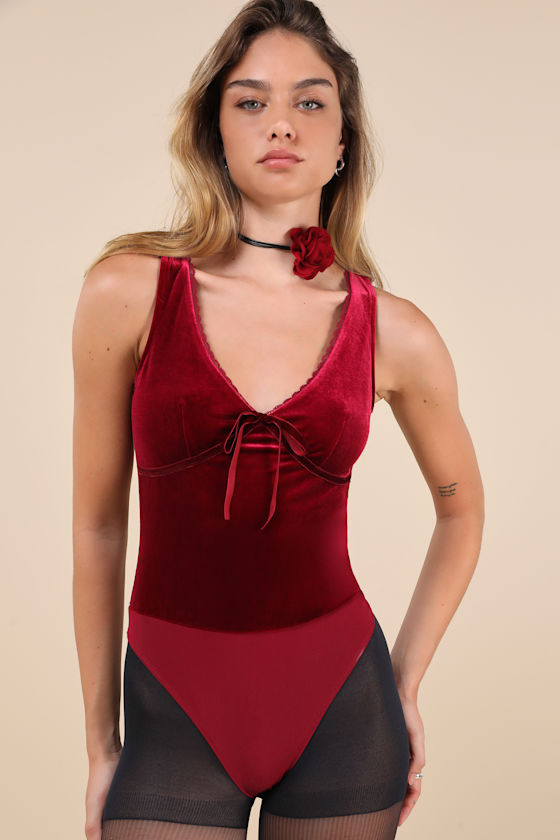 Lulus Dreamy Chicness Berry Red Velvet Sleeveless Bodysuit In Berry Red