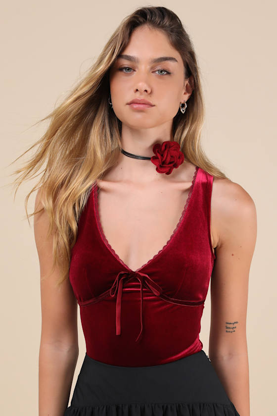Dreamy Chicness Berry Red Velvet Sleeveless Bodysuit 4