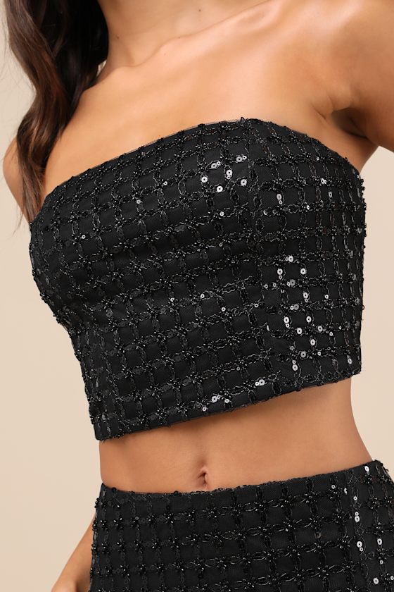 Lulus Lovely Decadence Black Sequin Beaded Strapless Crop Top In Black
