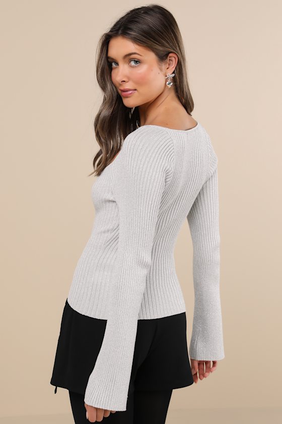 Lulus Effervescent Babe Shiny Silver Lurex Ribbed Long Sleeve Top In Silver