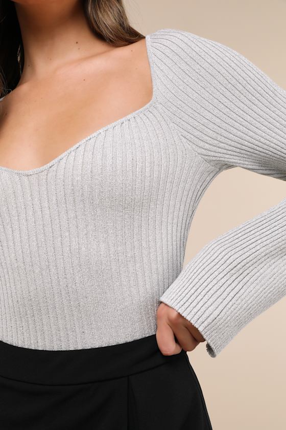 Lulus Effervescent Babe Shiny Silver Lurex Ribbed Long Sleeve Top In Silver