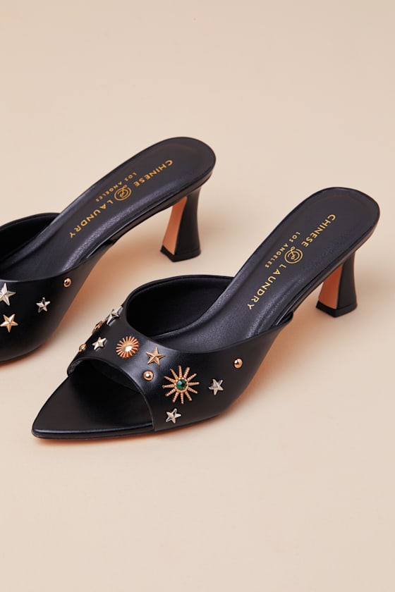 Chinese Laundry Yarah Black Studded High Heel Slide Sandals In Black