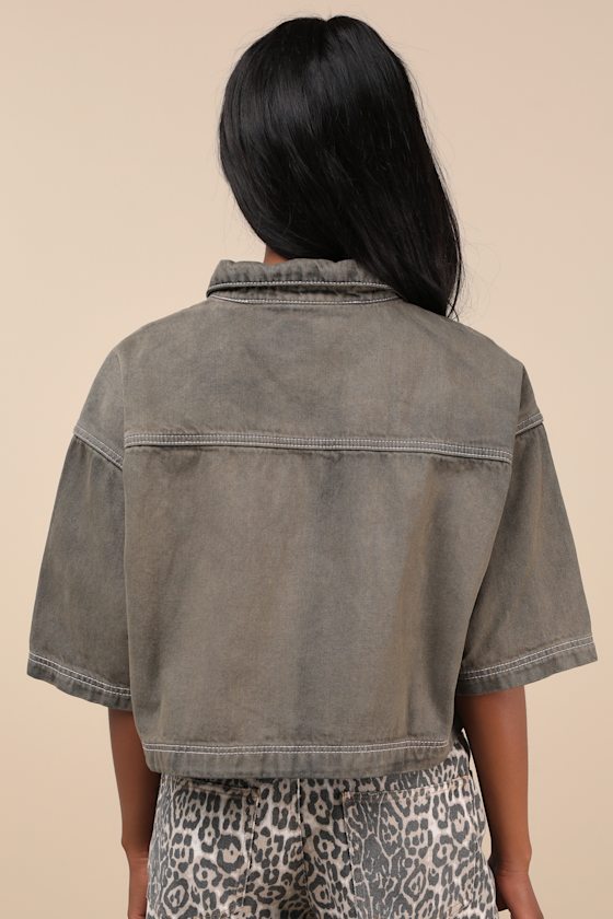 Native Youth Lacy Washed Grey Cropped Denim Top In Washed Grey