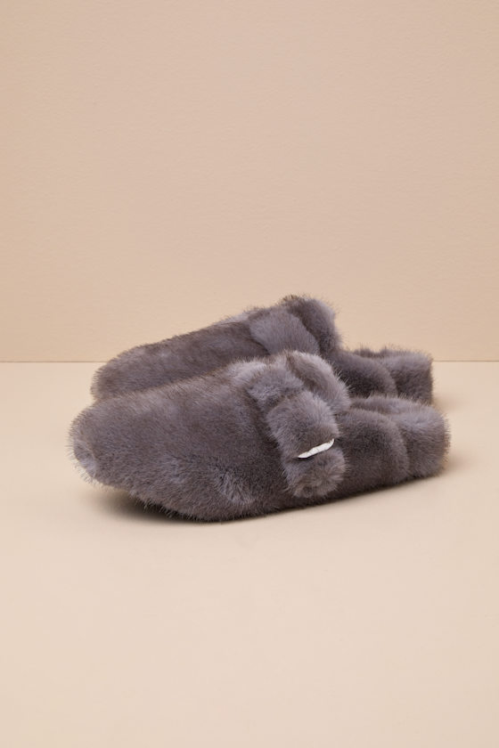 Steve Madden Bohan Grey Faux Fur Buckle Mule Slides In Grey