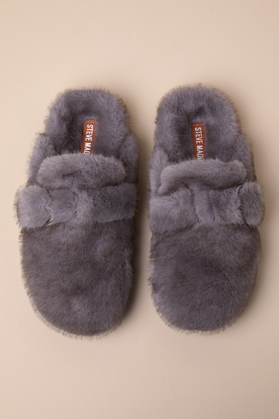 Steve Madden Bohan Grey Faux Fur Buckle Mule Slides In Grey